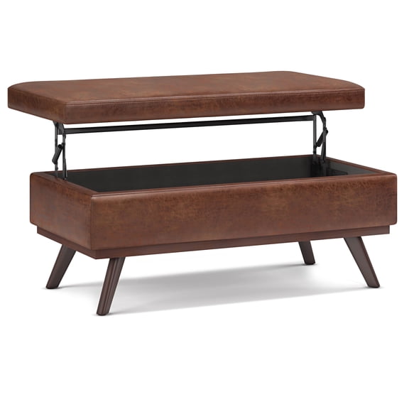 Owen 42 inch Wide Mid-Century Modern Lift Top Large Coffee Table Storage Ottoman in Distressed Saddle Brown Vegan Leather