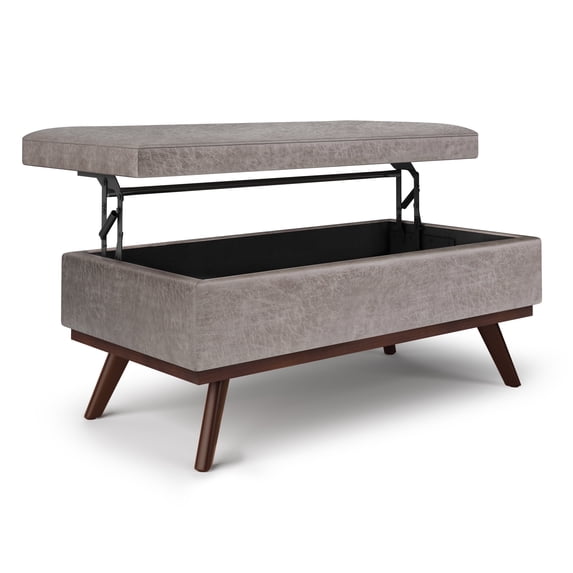 Owen 42 inch Wide Mid-Century Modern Lift Top Large Coffee Table Storage Ottoman in Distressed Grey Vegan Leather