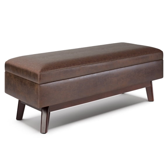 Owen 48 inch Wide Mid-Century Modern Rectangular Storage Ottoman in Distressed Chestnut Brown Vegan Leather