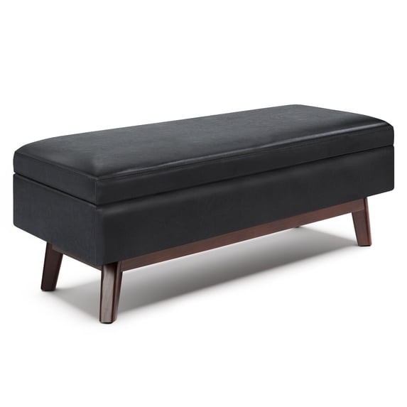 Owen 48 inch Wide Mid-Century Modern Rectangular Storage Ottoman in Midnight Black Vegan Leather
