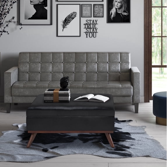 Simpli Home Owen Faux Air Leather Coffee Table Storage Ottoman in Midnight Black