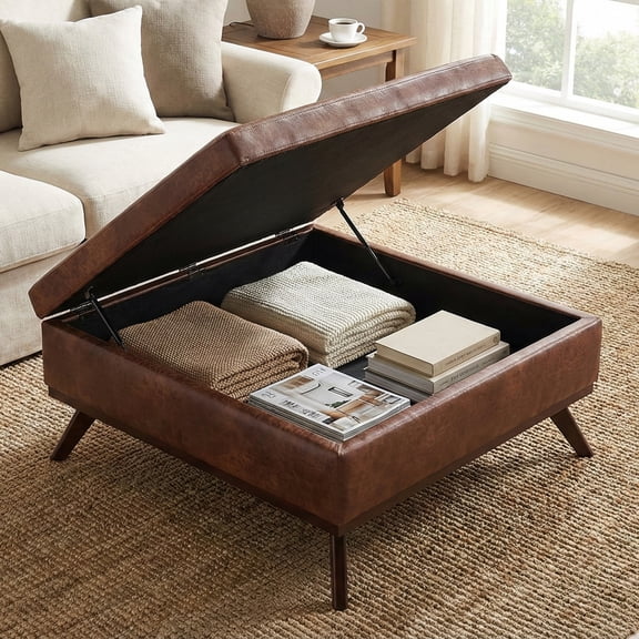 Simpli Home Owen Faux Air Leather Square Coffee Table Ottoman in Saddle Brown