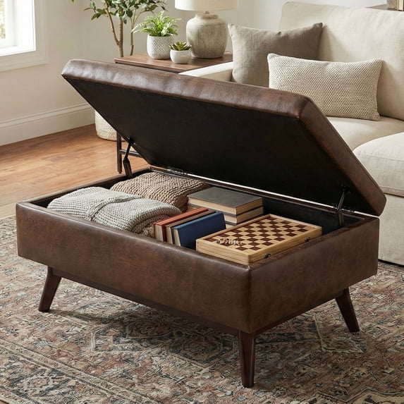 Owen 34 inch Wide Mid-Century Modern Coffee Table Storage Ottoman in Distressed Chestnut Brown Vegan Leather