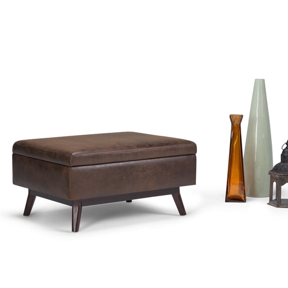 Owen 34 inch Wide Mid-Century Modern Coffee Table Storage Ottoman in Distressed Chestnut Brown Vegan Leather