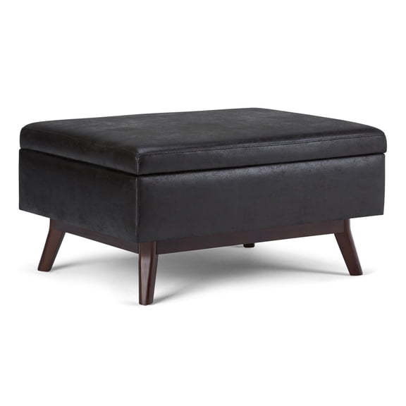 Owen 34 inch Wide Mid-Century Modern Coffee Table Storage Ottoman in Distressed Black Vegan Leather