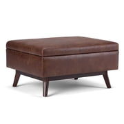 Simpli Home Owen Faux Leather Storage Coffee Table Ottoman in Saddle Brown