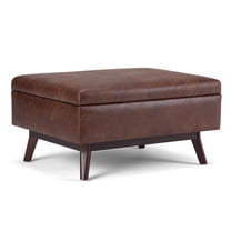 Owen 34 inch Wide Mid-Century Modern Coffee Table Storage Ottoman in Distressed Saddle Brown Vegan Leather