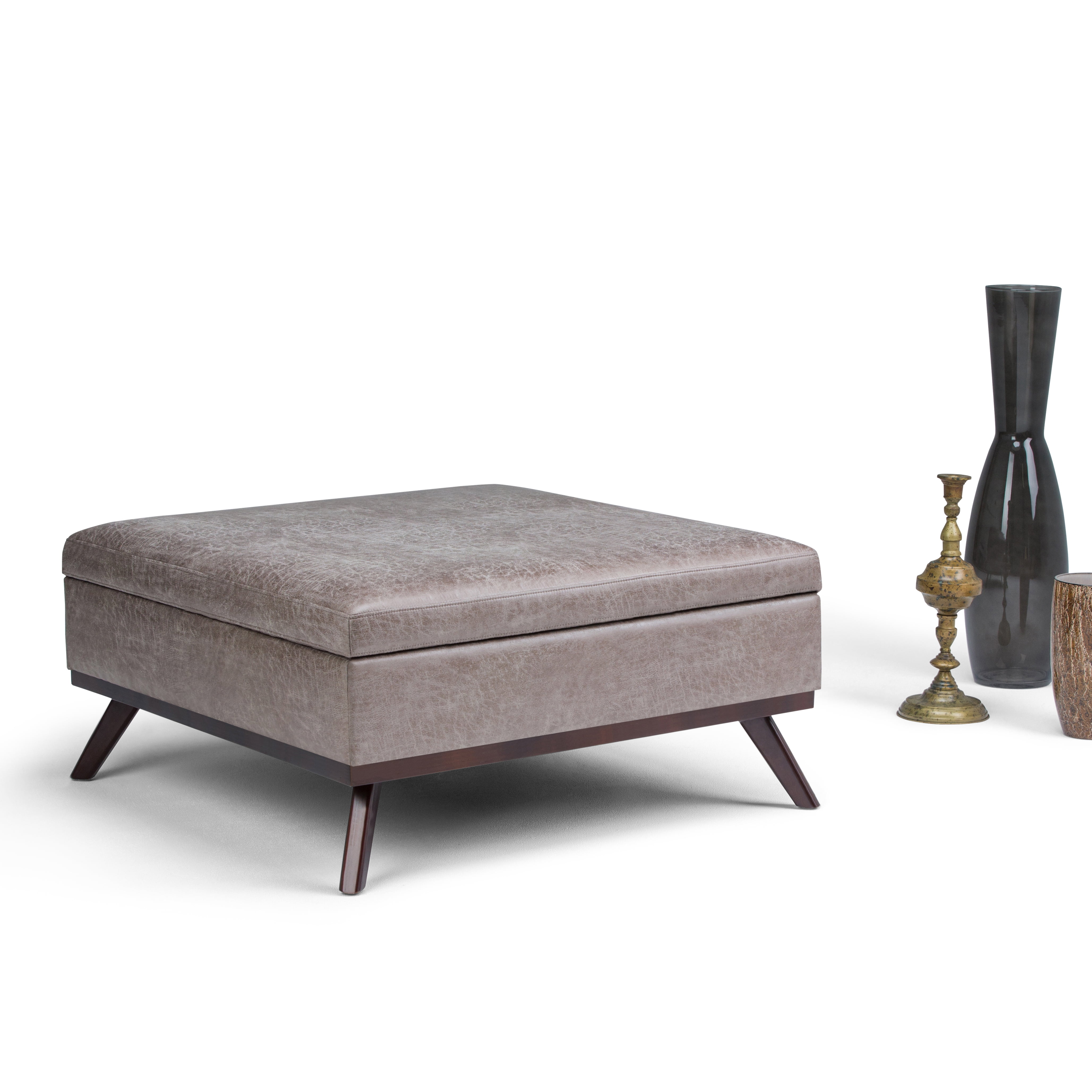 Owen 36" Distressed Grey Taupe Faux Leather Storage Ottoman