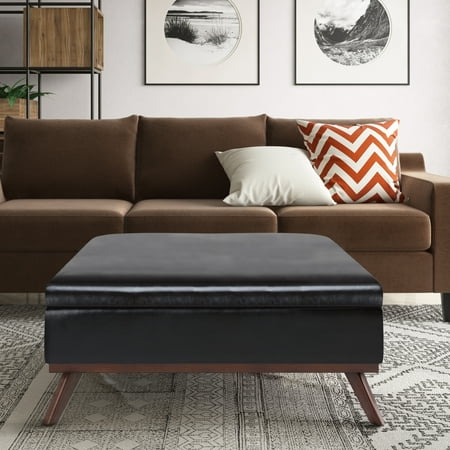 Simpli Home - Owen 36 inch Wide Mid Century Modern Square Coffee Table Storage Ottoman in Faux Leather - Tanners Brown