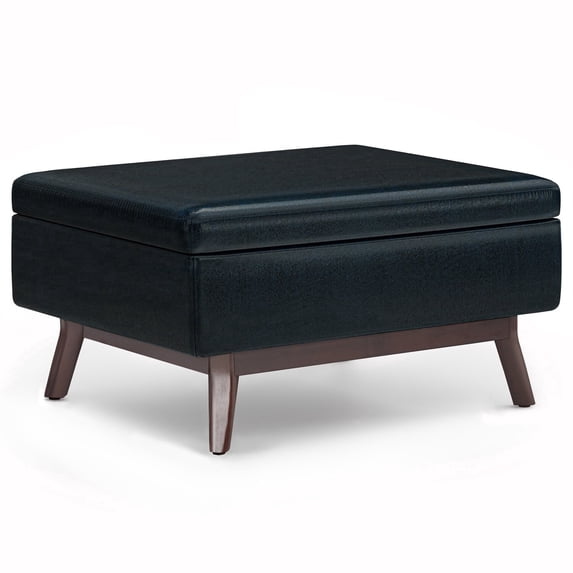 Owen 34 inch Wide Mid-Century Modern Coffee Table Storage Ottoman in Distressed Dark Blue Vegan Leather