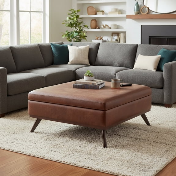 Simpli Home Owen XL 40 inch Wide Solid Wood Coffee Table Storage Ottoman, Distressed Pecan Brown