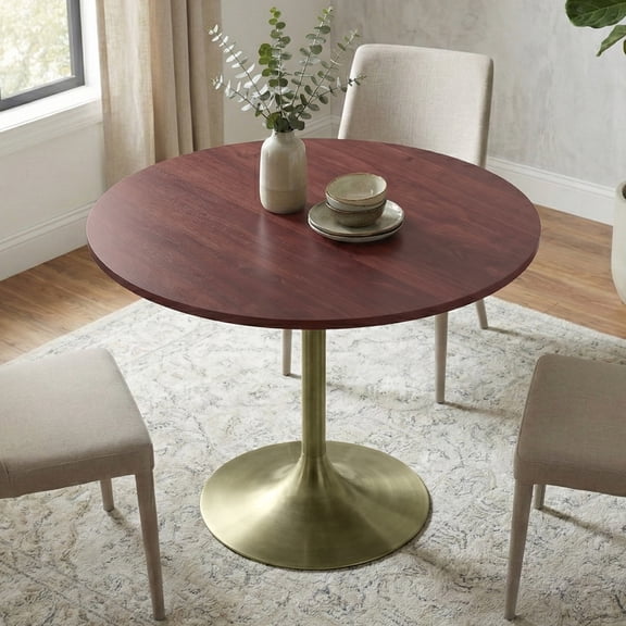 Simpli Home Radford SOLID MANGO WOOD and Metal - Base 36 inch x 36 inch Round Contemporary Dining Table in Walnut/Antique Brass