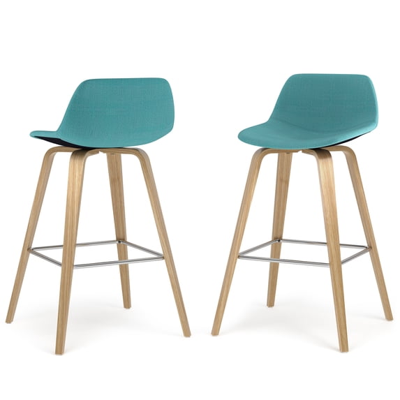 Simpli Home Randolph Mid Century Modern 28 inch Bentwood Counter/ Bar Height Stool (Set of 2) with Light Wood in Aqua Blue Polyester linen fabric