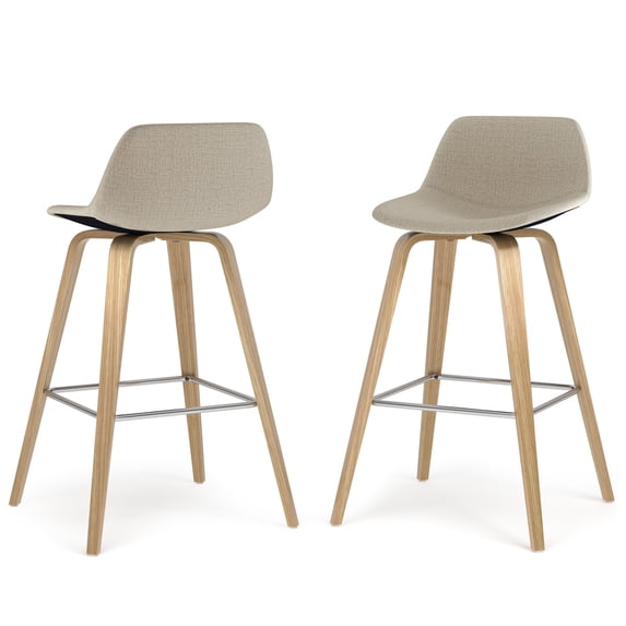 Simpli Home Randolph Mid Century Modern 28 inch Bentwood Counter/ Bar Height Stool (Set of 2) with Light Wood in Natural Polyeseter linen fabric
