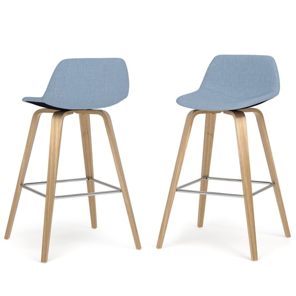 Simpli Home Randolph Mid Century Modern 28 inch Bentwood Counter/ Bar Height Stool (Set of 2) with Light Wood in Denim Blue Polyester linen