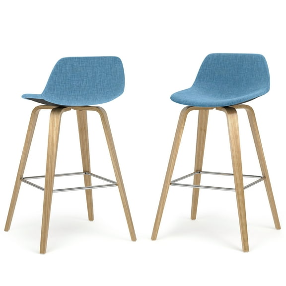 Simpli Home Randolph Mid Century Modern 28 inch Bentwood Counter/ Bar Height Stool (Set of 2) in Medium Blue Polyester linen