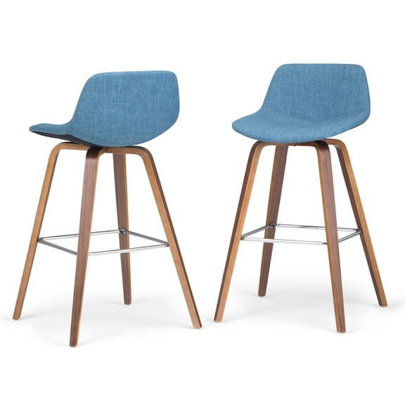 Randolph 28 inch Seat Height Mid Century Modern Bentwood Counter/Bar Height Stool in Medium Blue Linen Look Fabric (Set of 2)
