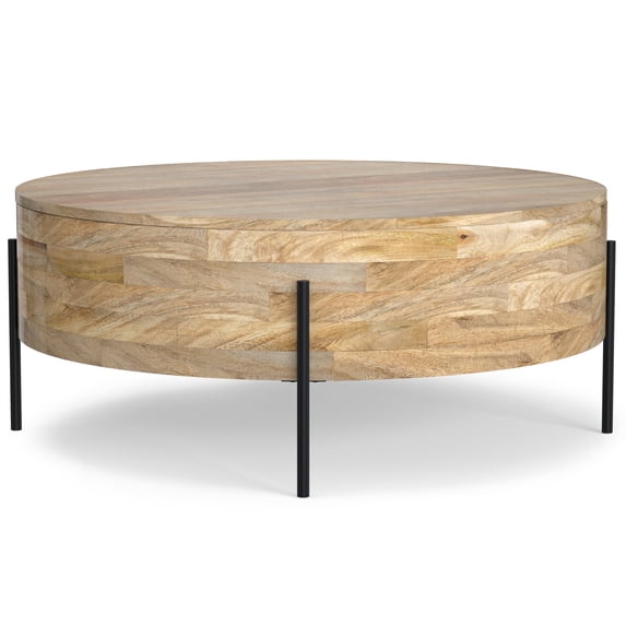 Simpli Home Rayburn SOLID MANGO WOOD 38 inch Wide Round Modern Industrial Drum Coffee Table in Natural
