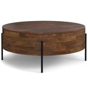 Simpli Home Rayburn SOLID MANGO WOOD Drum Coffee Table in Walnut Brown