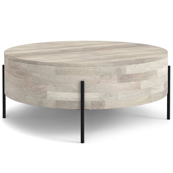 Simpli Home Rayburn SOLID MANGO WOOD 38 inch Wide Round Modern Urban Drum Coffee Table in White Wash