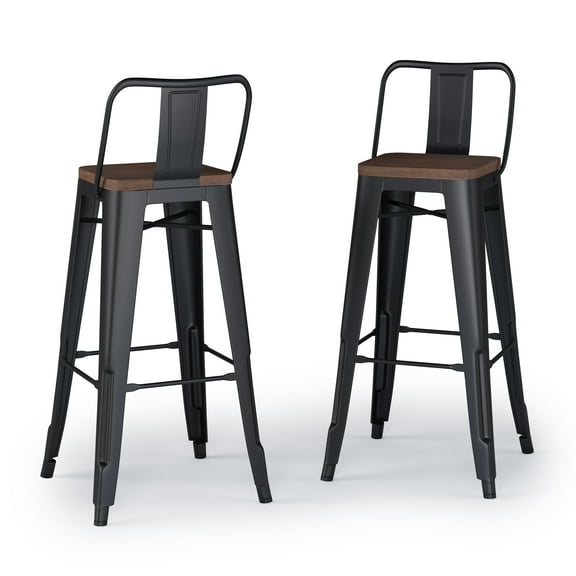 Simpli Home Rayne 30" Industrial Metal Wood Seat Bar Stool in Black (Set of 2)