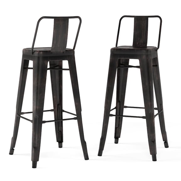 Simpli Home Rayne 30" Metal Bar Stool in Distressed Black (Set of 2)