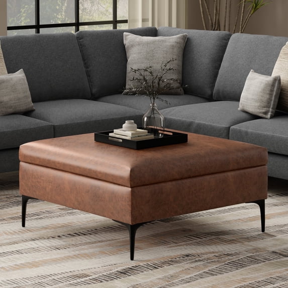 Rebecca 36 inch Wide Contemporary Square Mid Century Coffee Table Storage Ottoman with Lift Up Lid in Distressed Saddle Brown Vegan Faux Leather, Assembled