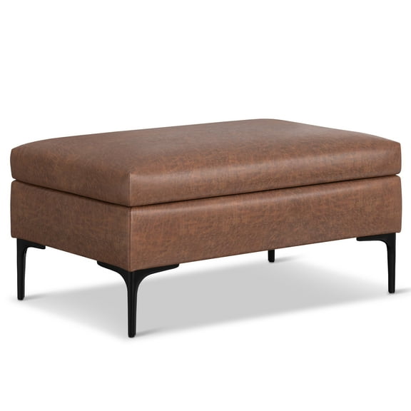 Rebecca 36 inch Wide Rectangular Coffee Table Storage Ottoman with Lift Up Lid in Distressed Saddle Brown Vegan Leather