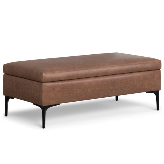 Simpli Home Rebecca 48 inch Wide Mid Century Modern Rectangle Large Coffee Table Storage Ottoman with Lift up Lid in Distressed Saddle Brown Faux Leather