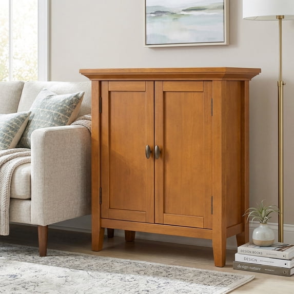 Simpli Home Redmond 32 inch Wide Solid Wood Transitional Low Storage Cabinet in Light Golden Brown