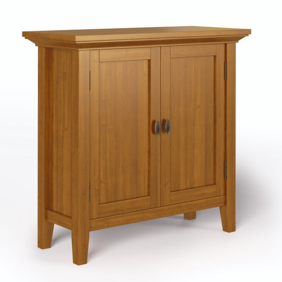 Simpli Home Redmond 32 inch Wide Solid Wood Transitional Low Storage Cabinet in Light Golden Brown