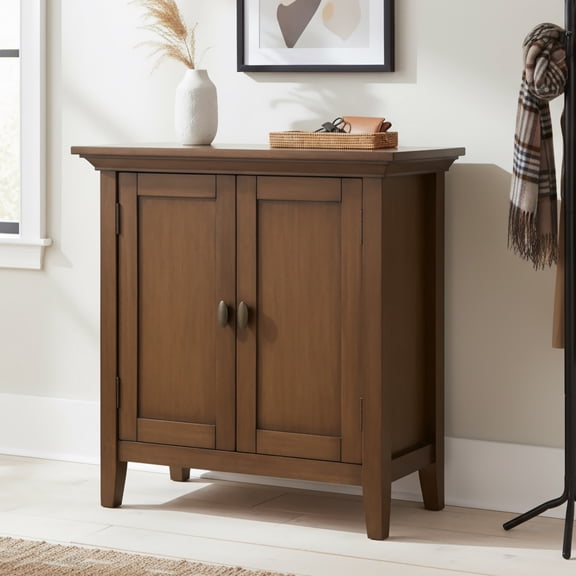 Simpli Home Redmond 32 inch Wide Solid Wood Transitional Low Storage Cabinet in Rustic Natural Aged Brown