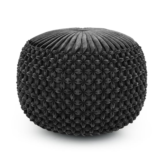 Simpli Home Renee 20 inch Wide Boho Round Pouf in Slate Grey Velvet