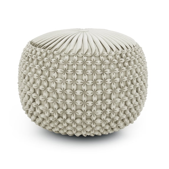 Simpli Home Renee Boho Round Pouf in Cream Velvet Fabric
