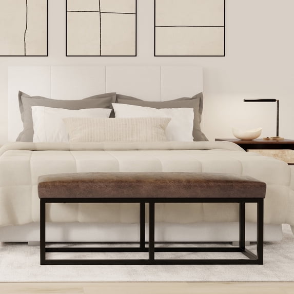 Simpli Home Reynolds 44 inch Wide Contemporary Rectangle Bench in Distressed Chestnut Brown Faux Leather