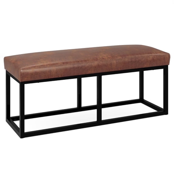 Simpli Home Reynolds Ottoman Bench In Distressed Saddle Brown Faux Leather
