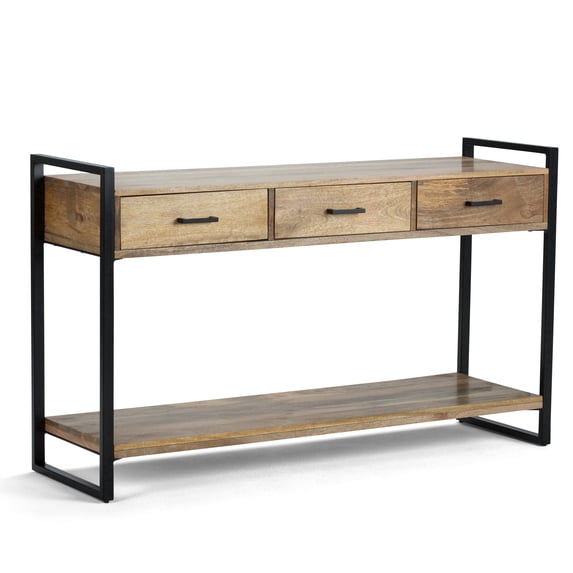 Simpli Home Riverside 54 inch Wide Solid Mango Wood Modern Industrial Console Sofa Table in Natural