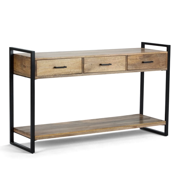 Simpli Home Riverside 54 inch Wide Solid Mango Wood Modern Industrial Console Sofa Table in Natural
