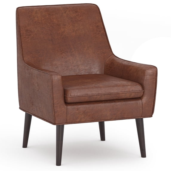 Simpli Home Robson 31 inch Wide Contemporary Accent Chair in Distressed Saddle Brown Faux Leather