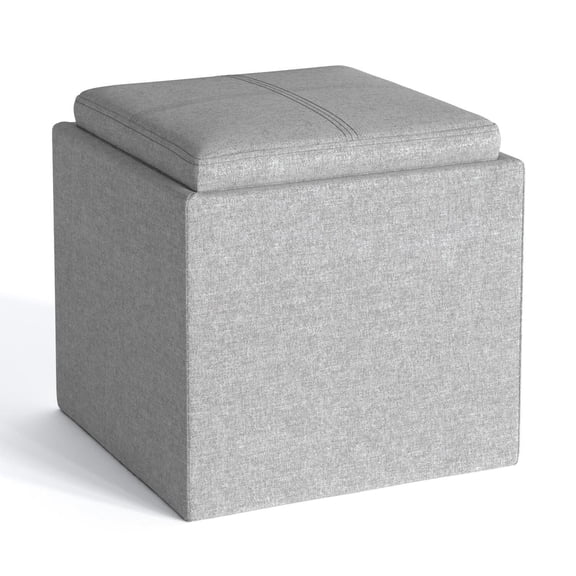 Simpli Home Rockwood 17 inch Wide Contemporary Square Cube Storage Ottoman with Tray in Cloud Grey Linen Look Fabric, Assembled