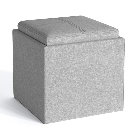Simpli Home Rockwood 17 inch Wide Contemporary Square Cube Storage Ottoman with Tray in Cloud Grey Linen Look Fabric, Assembled