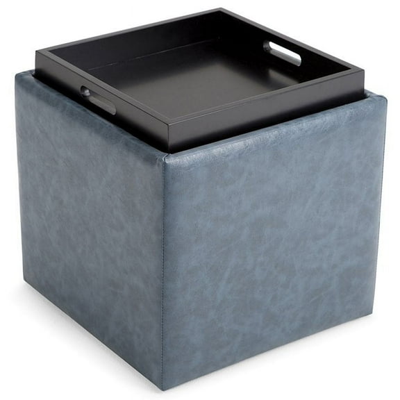 Simpli Home Rockwood 17 inch Wide Contemporary Square Cube Storage Ottoman with Tray in Denim Blue Vegan Faux Leather, Assembled