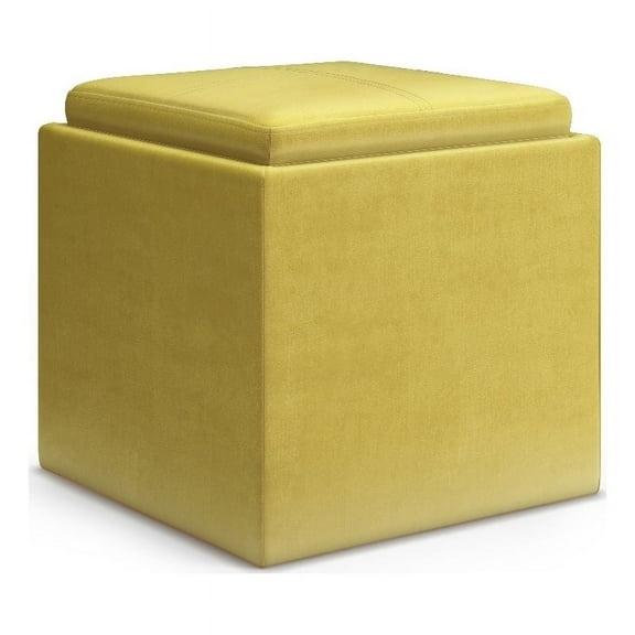 Simpli Home Rockwood 17 inch Wide Contemporary Square Cube Storage Ottoman with Tray in Dijon Yellow Velvet Fabric, Assembled
