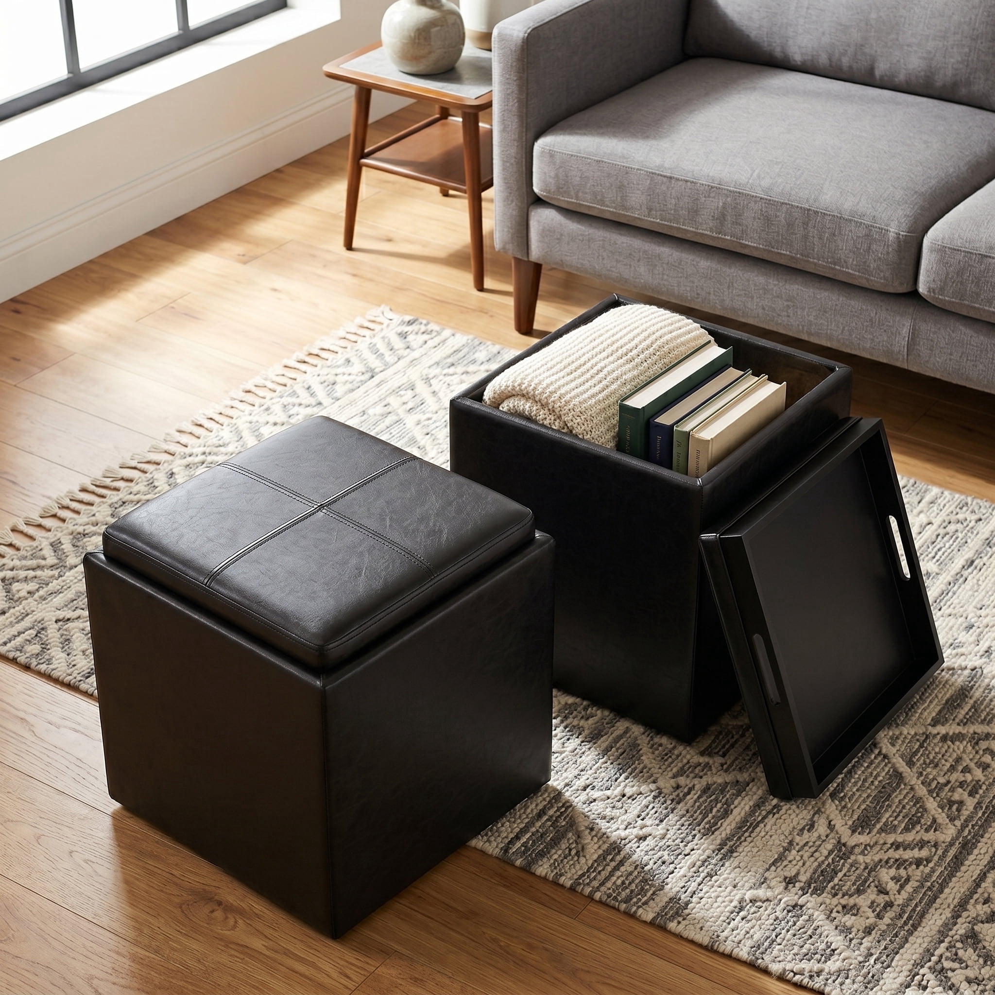Simpli Home Rockwood 17 inch Wide Contemporary Square Cube Storage Ottoman with Tray in Distressed Black Vegan Faux Leather, Assembled