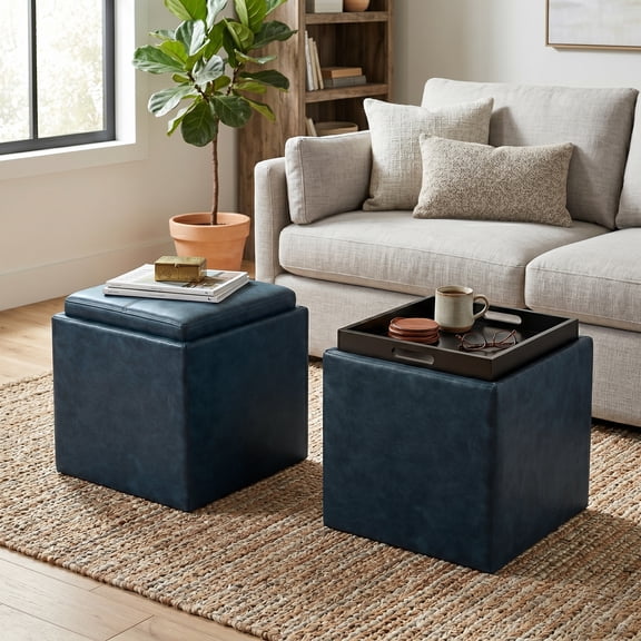 Rockwood 17"Wide Contemporary Storage Ottoman with Tray in Distressed Dark Blue