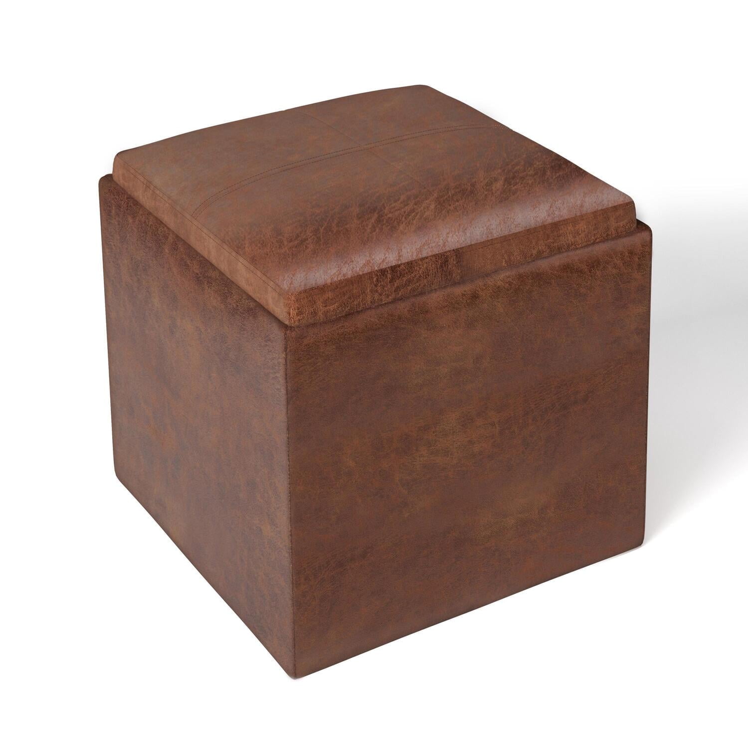 Rockwood Distressed Saddle Brown Vegan Leather Cube Ottoman