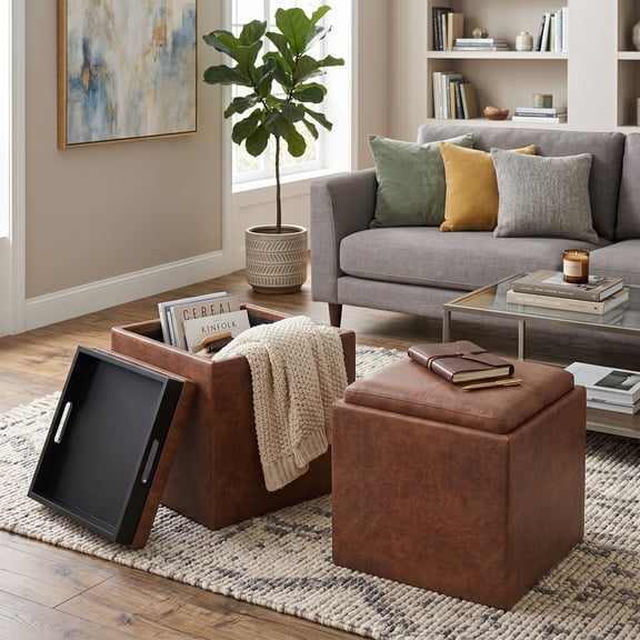 Simpli Home Rockwood Faux Air Leather Storage Ottoman in Distressed Saddle Brown