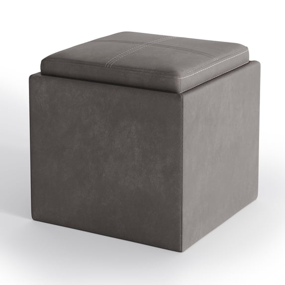 Simpli Home Rockwood 17 inch Wide Contemporary Cube Storage Ottoman with Tray in Distressed Slate Grey Vegan Leather