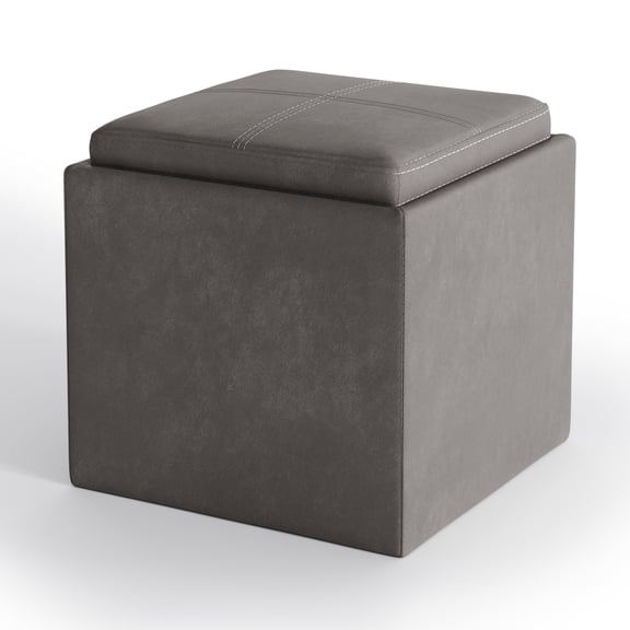 Simpli Home Rockwood 17 inch Wide Contemporary Cube Storage Ottoman with Tray in Distressed Slate Grey Vegan Leather