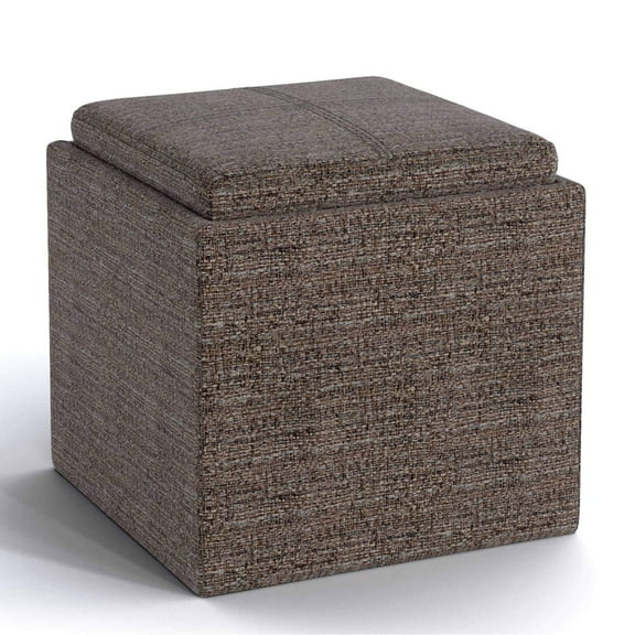Rockwood 17 inch Wide Cube Storage Ottoman with Tray in Mink Brown Tweed Look Fabric